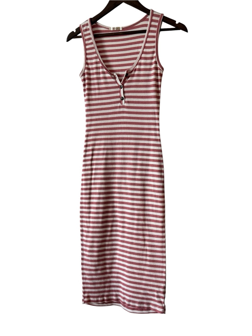 Heart Hips Striped Ribbed Henley Midi Dress Pink White Sleeveless Medium